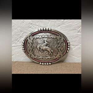 Unbranded Horse & Cowboy Silver Toned Red Border Oval Belt Buckle Western